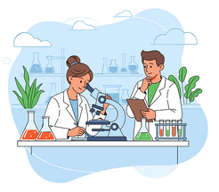 Illustration of a man and woman working in a medical laboratory. She is working on a microscope while he takes notes.