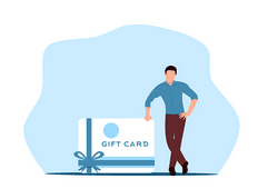 Illustration of man leaning on a gift card/.