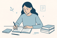 Illustration of a woman at a desk journaling about her diet.